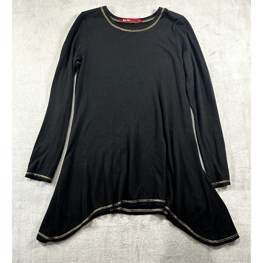 Barbara Lesser Tunic Top Women Black Long Sleeve‎ A Line Gold Trim Size Small